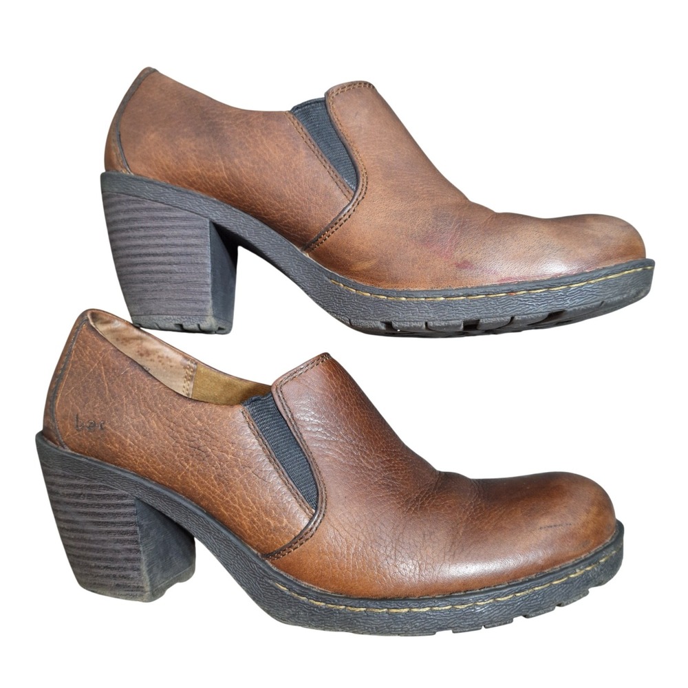 b.o.c. Born Concept Clogs Womens Size 8M Brown Leather Block Heel Slip On C03623